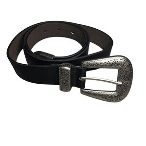 Elegant Black Belt with Ornate Silver Buckle